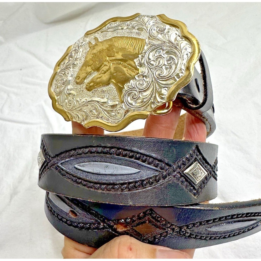 Crumrine Silver Plate Buckle Horse Mare Foal Two Tone Western Belt Black 26 - Picture 13 of 16